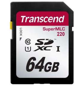 Transcend 64GB SDXC220 (Class 10) UHS-I U1 SuperMLC paměťová karta, 95 MB/s R, 80 MB/s W