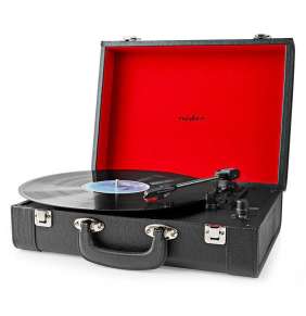 NEDIS gramofon/ 1x stereo RCA/ Bluetooth/ 18 W/ vestavěný (před) zesilovač/ kožený vzhled / MDF/ černo-červený