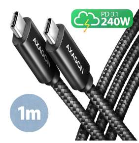 AXAGON BUCM2-CM10AB, CHARGE kabel USB-C  -  USB-C, 1m, Hi-Speed USB, PD 240W 5A, ALU, oplet, černý