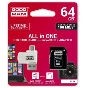 GOODRAM microSDXC karta 64GB M1A4 All-in-one (R:100/W:10 MB/s), UHS-I Class 10, U1 + Adapter + OTG card reader/čtečka