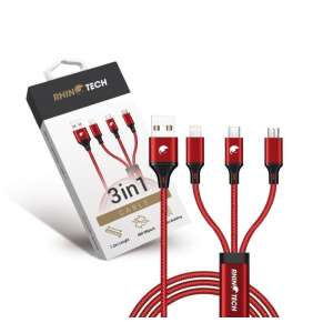 RhinoTech nabíjecí a datový kabel 3v1 USB-A (MicroUSB + Lightning + USB-C) 1,2m červená