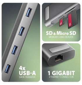 Axagon HMC-10HLS, USB 5Gbps hub, 4x USB-A, USB-C, HDMI 4k/60Hz, PD 100W, kabel USB-C 25cm