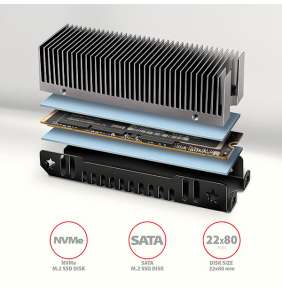 AXAGON CLR-M2XT, hliníkový pasívny chladič pre jedno aj obojstranný M.2 SSD disk, výška 24 mm