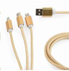 Kábel CABLEXPERT USB A Male/Micro B + Type-C + Lightning, 1m, opletený, zlatý, blister