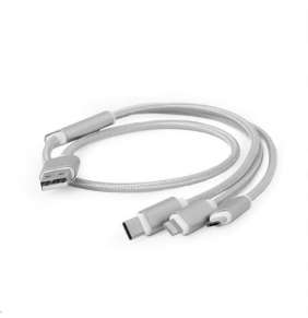 Gembird kábel nabíjací 3v1 splitter, Lightning (M) /microUSB (M) / USB-C (M) na USB 2.0 (M), 1 m, strieborný