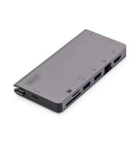 DIGITUS Cestovní dokovací stanice  USB-C Multiport, 8 portů, šedá 2x video, 2x USB-C, 2x USB3.0, RJ45, 2xčtečka karet 