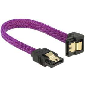Delock SATA kabel 6 Gb/s, 10 cm otočený dole/rovný, kovové svorky, fialový Premium