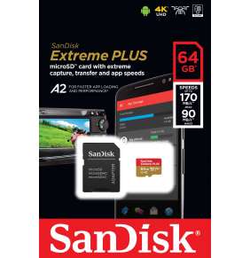 SanDisk MicroSDXC karta 64GB Extreme PLUS (R:170/W:90 MB/s, A2 C10 V30 UHS-I) + adaptér