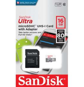 Sandisk Ultra microSDHC 16 GB 80 MB/s Class 10 UHS-I, Adaptér 
