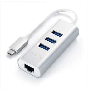 Satechi USB-C 3 USB 3.0 Port Hub & Ethernet Port - Silver Aluminium