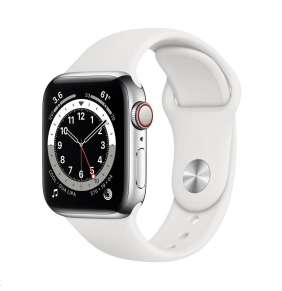 Apple Watch Series 6 40mm Cellular stříbrná ocel s bílým sportovním řemínkem