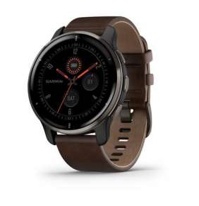 GARMIN sportovní GPS hodinky Venu 2 Plus, nerezová luneta Slate, pouzdro Slate, hnědý kožený řemínek