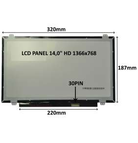 LCD PANEL 14,0" HD 1366x768 30PIN LESKLÝ / ÚCHYTY NAHOŘE A DOLE