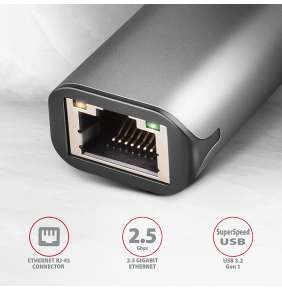 AXAGON ADE-25RC, USB-C 3.2 Gen 1 - 2.5 Gigabit Ethernet sieťová karta, Realtek 8156, auto install, sivá