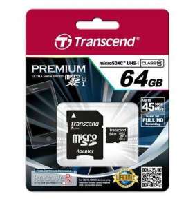 TRANSCEND MicroSDXC 64GB Premium, Class 10 UHS-I 400x (R:85/W:35 MB/s) + adaptér