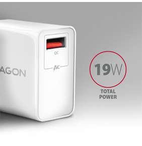 AXAGON ACU-QC19W, QC nabíjačka do siete 19W, 1x port USB-A, QC3.0/AFC/FCP/SMART, biela