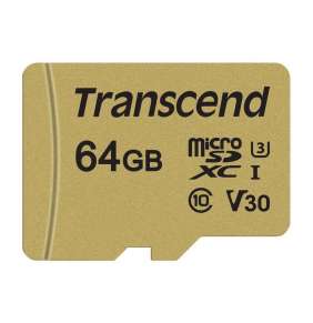 Transcend 64GB microSDXC 500S UHS-I U3 V30 (Class 10) MLC paměťová karta (s adaptérem), 95MB/s R, 60MB/s W 